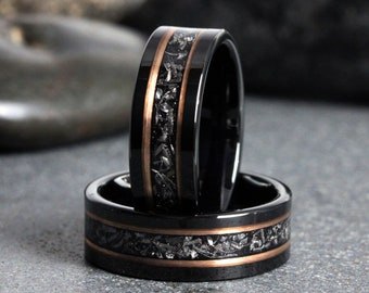 Meteorite Rose Gold Strip Black Tungsten Wedding Rings Stripe Gibeon Meteorite Bands Anniversary Mans Mens Ring Interstellar Ring Black Ring