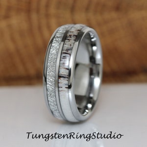 Engraved Silver Tungsten Men's Wedding Band – Deer Antler & White Meteorite Design, 8mm, Comfort Fit