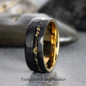 Faceted 8mm Hammered Gold Leaf Meteorite Ring Black Surface Yellow Gold Inside Meteorite Ring Foil Leaf Ring, Mens Wedding Rings Gold Accent