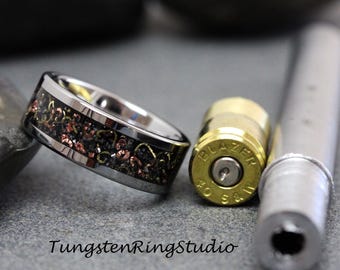 Reclaimed Bullet Shell Tungsten Ring With Brass, Copper, Steel Gun Barrel, Wedding Anniversary Band