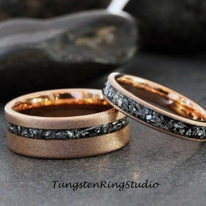 Match His and Hers Ring Meteorite Sandblasted Rose Gold Tungsten Wedding Ring Set Anniversary Ring Mans Mens Ring Men & Women