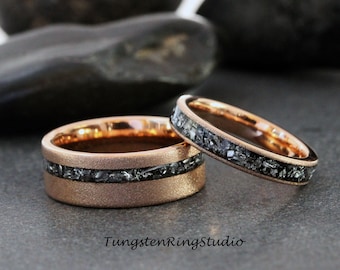 Match His and Hers Ring Meteorite Sandblasted Rose Gold Tungsten Wedding Ring Set Anniversary Ring Mans Mens Ring Men & Women