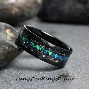 Mens Meteorite Ring, Hammer Blue Opal Wedding Ring, Mens Wedding Ring Gibeon Meteorite Band Peacock Blue Opal Ring Mens Ring Mans Ring image 4