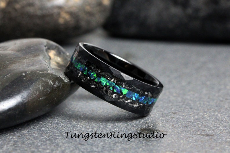 Mens Meteorite Ring, Hammer Blue Opal Wedding Ring, Mens Wedding Ring Gibeon Meteorite Band Peacock Blue Opal Ring Mens Ring Mans Ring image 4