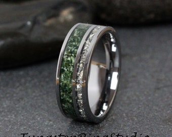 Moss Agate Silver German Glass Wedding Ring 8mm 6mm Diamond Alternative Gray Tungsten Eco-Friendly Men Band Mens Ring Men & Women Ring