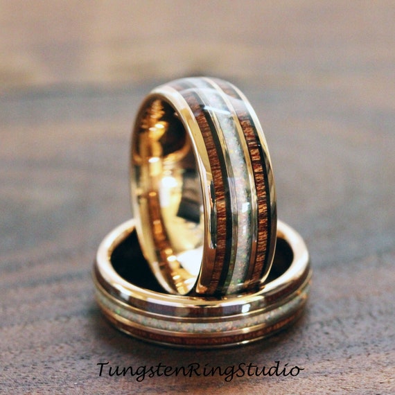 Koa Wood Wedding Ring Set with White Gold