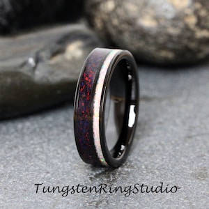 Fire White Opal Ring Black Opal Crushed Black Tungsten Carbide Wedding Ring Band Womens Ring 6 8 mm Birthstone Anniversary Mens October