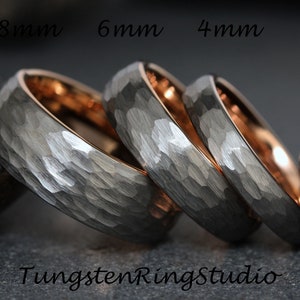 Hammer Rose Gold Grau Wolfram Ehering Band Rose Gold 8 6 4 MM Grauer Ring Herren Damen Ring Wolframkarbid Hammer Ring Jubiläum Bild 1