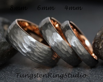 Hammer Rose Gold Grau Wolfram Ehering Band Rose Gold 8 6 4 MM Grauer Ring Herren Damen Ring Wolframkarbid Hammer Ring Jubiläum