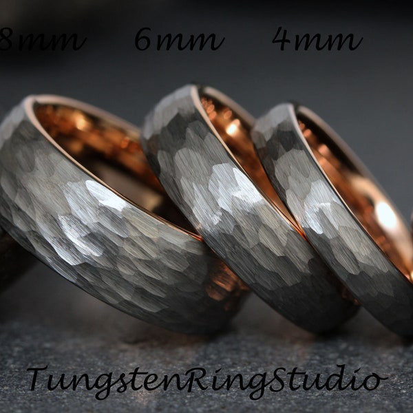 Hammer Rose Gold Grau Wolfram Ehering Band Rose Gold 8 6 4 MM Grauer Ring Herren Damen Ring Wolframkarbid Hammer Ring Jubiläum