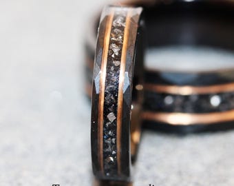 Thin 4mm hammered Meteorite Tungsten Ring, Rose Gold strips hammered black thin ring