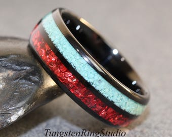 Turquoise & Red Garnet Ring - Tungsten Carbide Glass Band
