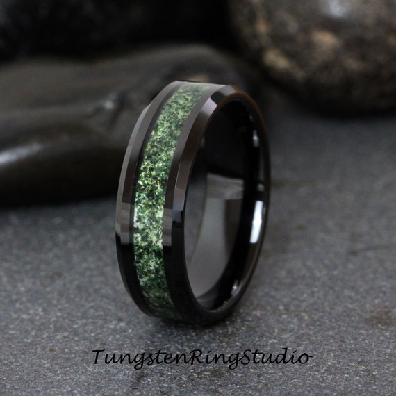 Mens Moss Agate Ring Black Beveled Tungsten Ring Green Eco-friendly Wedding  Ring Womens Band Anniversary Ring Engagement Promise 4mm 6mm 8mm 