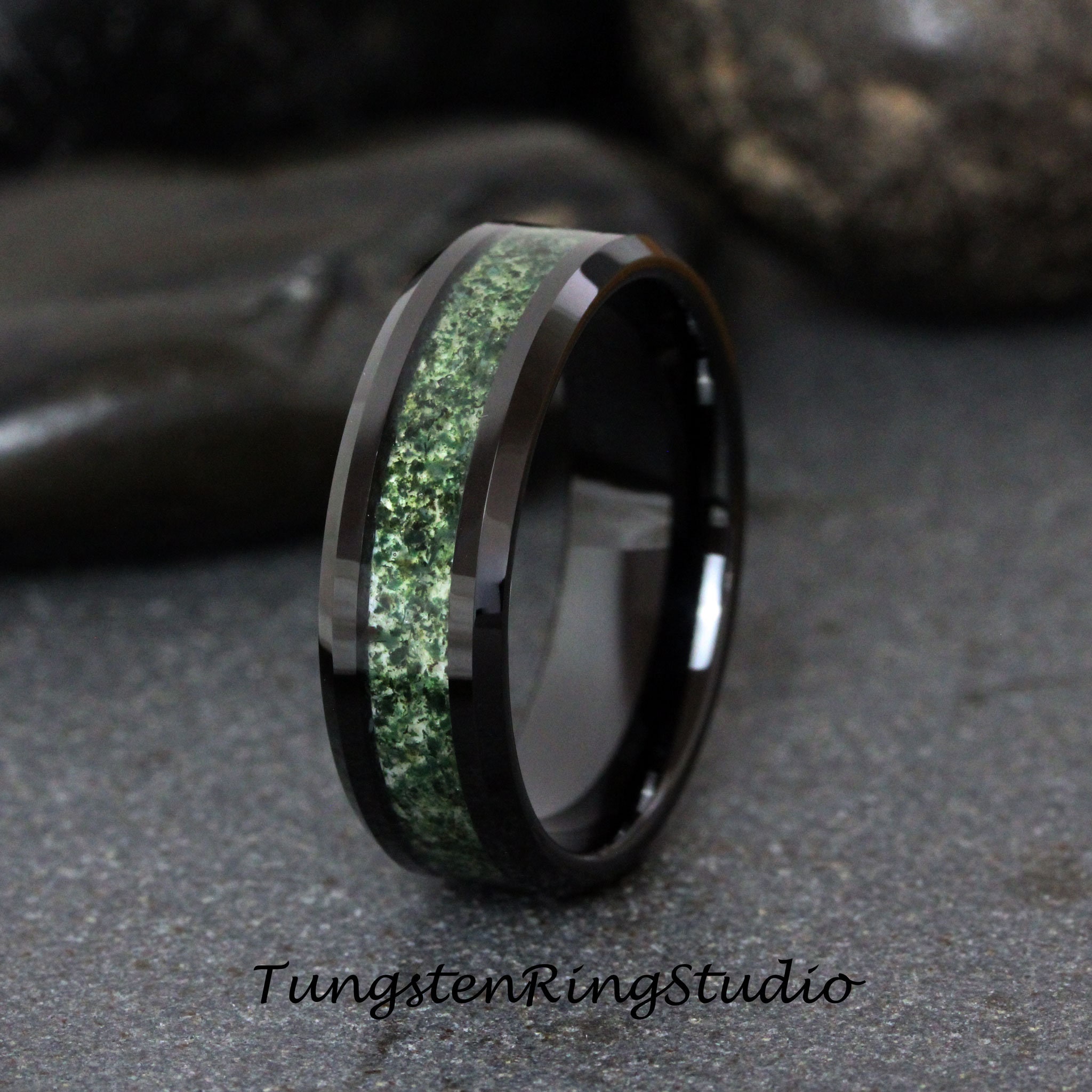 Mens Moss Agate Ring Black Beveled Tungsten Ring Green  Wedding Ring Womens Band Anniversary Ring Engagement Promise 4mm 6mm 8mm