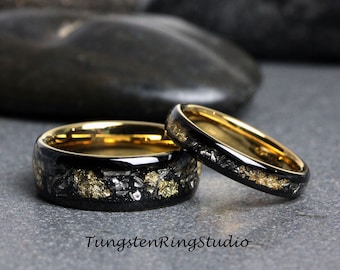 Set di anelli in foglia d'oro Anello meteorite 4mm 8mm Abbina lui e lei Anello in meteorite nero Anello in foglia di lamina di rosa, Fedi nuziali da uomo, Accento dorato