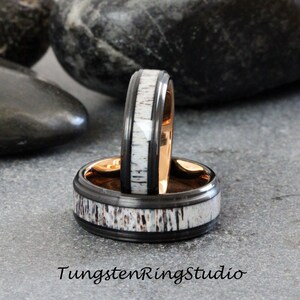 Deer Antler Ring Black Step Beveled Tungsten Ring Set Wedding Ring Women Men Band Anniversary Ring Engagement Promise 6mm or 8mm Band