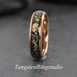 Gold Leaf Meteorite Rose Gold Band Tungsten Ring, Wedding Gold Foil Meteorite Ring 6mm 8mm Ring Men women Wedding Rings Gold Accent