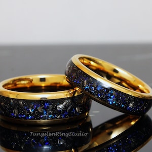 Meteorite Nebula Matching Ring Set His and Hers Ring Set Yellow Gold 4mm 6mm 8mm Men Women Ring Outer Space Wedding Anniversary Tungsten