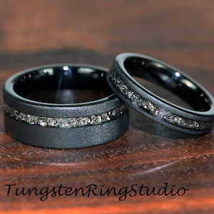 Match His and Hers Ring Black Meteorite Sandblasted 8mm 6mm 4mm Black Tungsten Wedding Ring Set Anniversary Ring Mans Mens Ring Men & Women