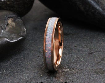 Unicorn Blue Opal Wedding Ring Rose Gold Tungsten Carbide Band Women Opal Ring Dainty Stackable Anniversary Opal Ring