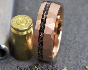 Rose Gold Reclaimed Bullet Shell Tungsten Ring, Hammered Copper, Steel Gun Barrel Band