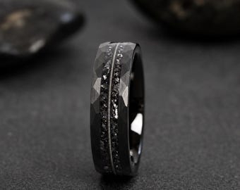 ハンマー仕上げの隕石ギター弦、ブラックタングステン製結婚指輪、6mm、8mm