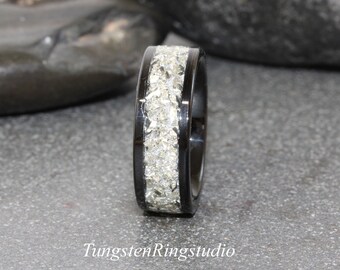 Anello piatto nero in argento tedesco, vetro e tungsteno, anello di tendenza, fede nuziale, anello da uomo e da donna, 4 mm, 6 mm, 8 mm, TungstenRingStudio