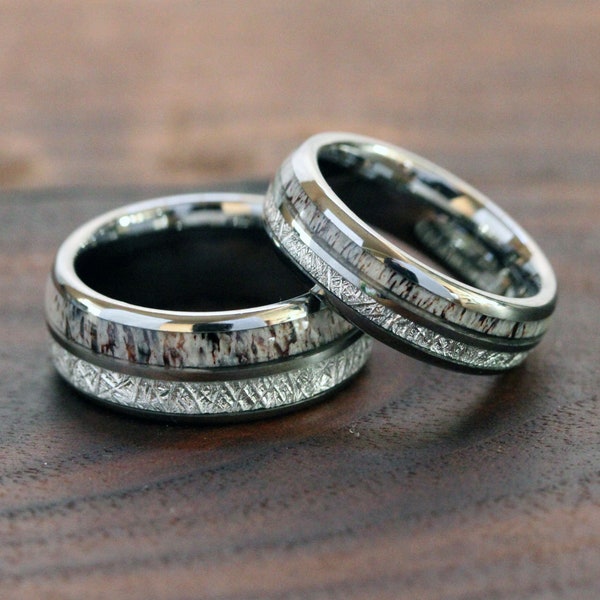 Meteorite Deer Antler Tungsten Wedding Ring Match His and Hers Wedding Set Mens Rings Silver White Anniversary Wedding Silver White Ring