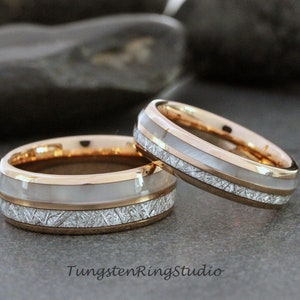 Match His and Hers Meteorite Mother of Pearl Rose Gold Tungsten Wedding Ring Wedding Set Hawaiian Jewelry Set Anniversary Tungsten Wedding