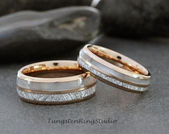 Match His and Hers Meteorite Mother of Pearl Rose Gold Tungsten Wedding Ring Wedding Set Hawaiian Jewelry Set Anniversary Tungsten Wedding