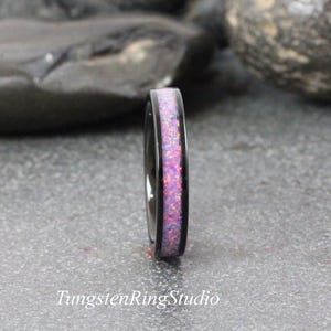 Multi Lavender Opal Tungsten Carbide Wedding Ring Silver-Gray Band Women Men Opal Ring Dainty Stackable Anniversary Ring Purple Amethyst