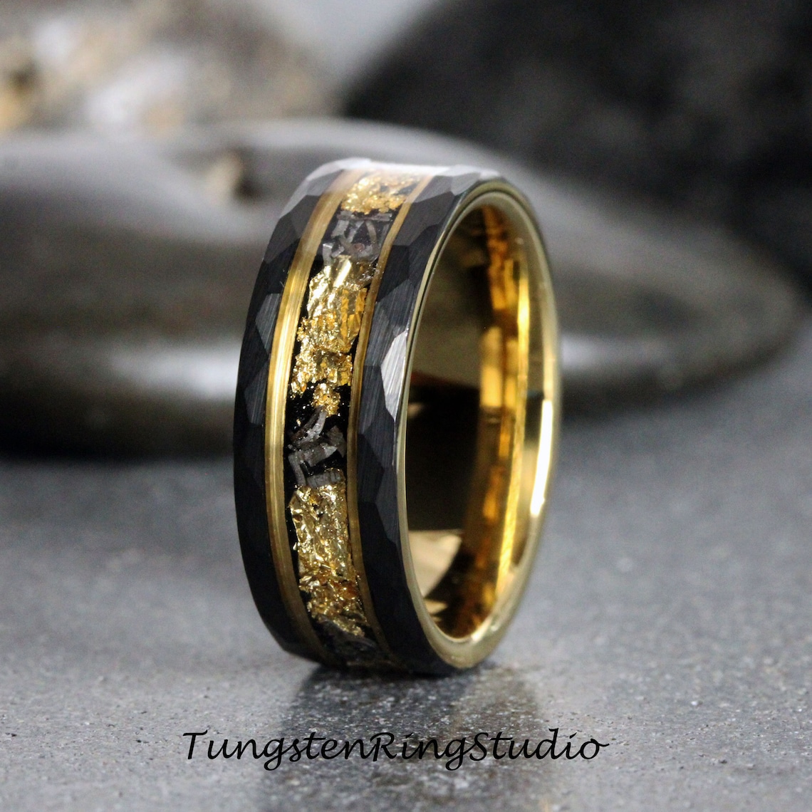 8mm 6mm Hammered Gold Leaf Meteorite Ring Black Surface Yellow image 1