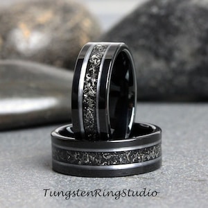 Meteorite White Gold Strip Black Tungsten Wedding Rings Stripe Gibeon Meteorite Bands Anniversary Mans Mens Ring Interstellar Ring Black