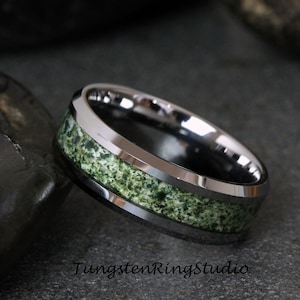 Beveled Moss Agate Ring Silver Gray Mens Green Tungsten Ring Polish Ring Womens Wedding Ring Band Anniversary Engagement Promise 4mm 6mm 8mm