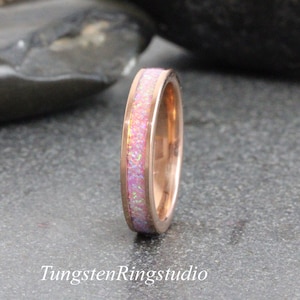 Hallotrope Purple Opal Tungsten Carbide Wedding Ring Silver-Gray Band Women Men Opal Ring Dainty Stackable Anniversary Opal Ring Purple