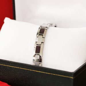 Mens Tungsten Carbide Bracelet, Lab Black Opal Inlay, Silver Link