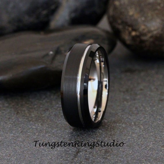 Black Beveled Ring White Gold Accent Mens Wedding Ring Brushed Tungsten Carbide Anniversary Band Rose Gold Strip Mens Ring 8mm Black Ring Etsy