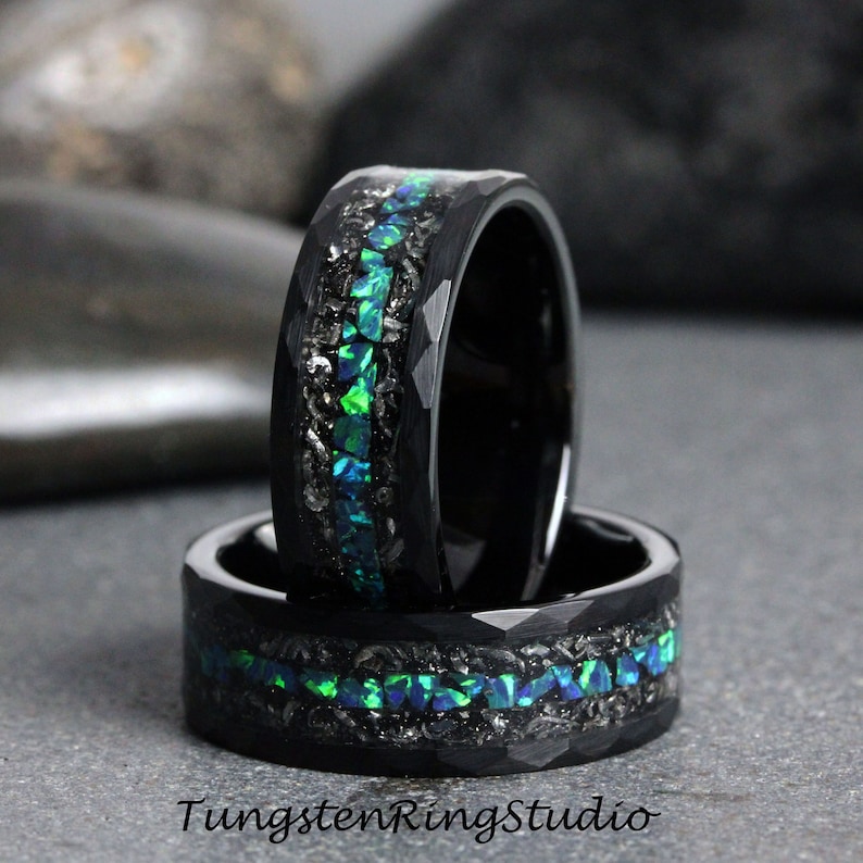 Mens Meteorite Ring, Hammer Blue Opal Wedding Ring, Mens Wedding Ring Gibeon Meteorite Band Peacock Blue Opal Ring Mens Ring Mans Ring image 1
