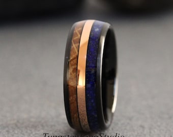 Crushed Lapis Lazuli Ring Whiskey Barrel Rose Gold Tungsten Wedding Ring