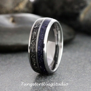 6mm - 8mm Meteorite Nebula Ring Silver Gray Ring Band Men Women Outer Space Ring Wedding Ring Anniversary Doom Comfort Fit Tungsten Ring
