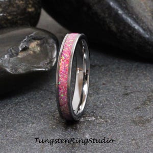 Magenta Purple Opal Tungsten Carbide Wedding Ring Silver-Gray Band Women Men Opal Ring Dainty Stackable Anniversary Opal Ring Purple