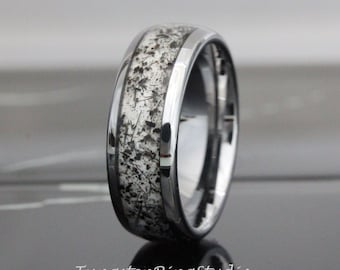 Mens Silver Black Rutilated Quartz Ring Silver-Gray Polish Tungsten Wedding Ring 4mm 6mm 8mm Wedding Mens Ring Men & Women Polished Dome