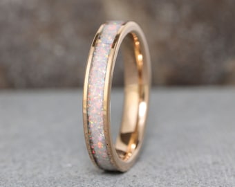 Rose Gold Crushed Fire White Opal Tungsten Wedding Ring Band 4 6 8 mm Rose Gold Minimalist Wedding Ring Anniversary Ring Gift For Her