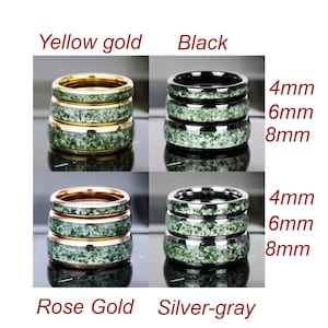 Moss Agate Ring Set His and Hers Match Moss Agate Wedding Ring Rose Gold Silver Black Tungsten Wedding Ring Wedding Set Rose Gold Ring Set