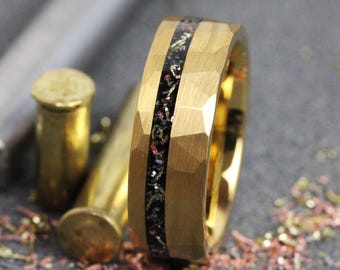Reclaimed Bullet Shell Hammered Gold Tungsten Ring, Copper, Steel Gun Barrel, Wedding Anniversary Band