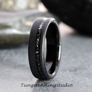 6mm Meteorite Sandblasted Black Tungsten Wedding Ring Interstellar Ring Tungsten Carbide Anniversary Ring Mans Mens Ring Men & Women