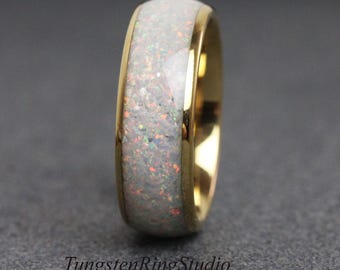 8 mm white opal gold tungsten ring, yellow gold wedding band men women