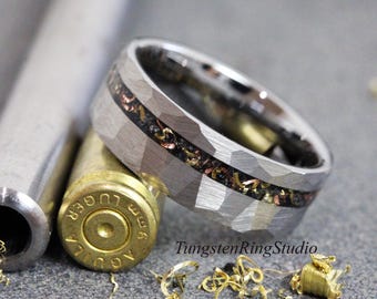 Hammered Reclaimed Bullet Shell Tungsten Ring, Copper, Steel Gun Barrel, Wedding Anniversary Band