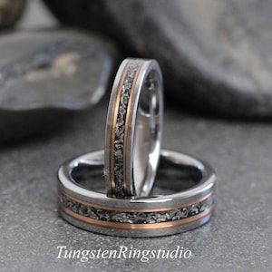 Passenden Meteorit Ring Set Weißgoldstreifen Wolfram Trauringe Gibeon Meteorit Bands 4 mm 6 mm Jubiläum Männer Frauen Ring
