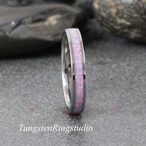 Multi Lavender Opal Tungsten Carbide Wedding Ring Silver-Gray Band Women Men Opal Ring Dainty Stackable Anniversary Ring Purple Amethyst